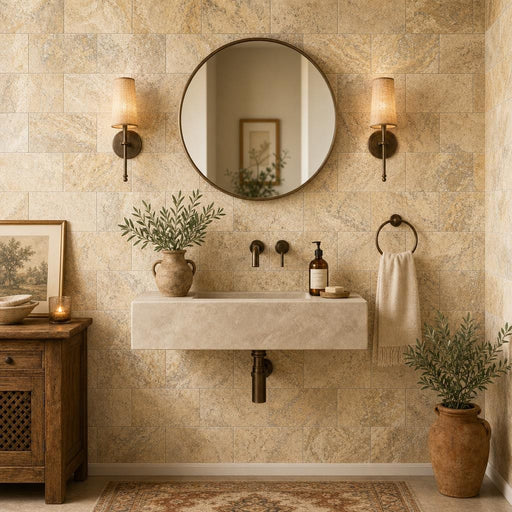 Fantastico 06x12 Tumbled Travertine Tile — Powder Room wall