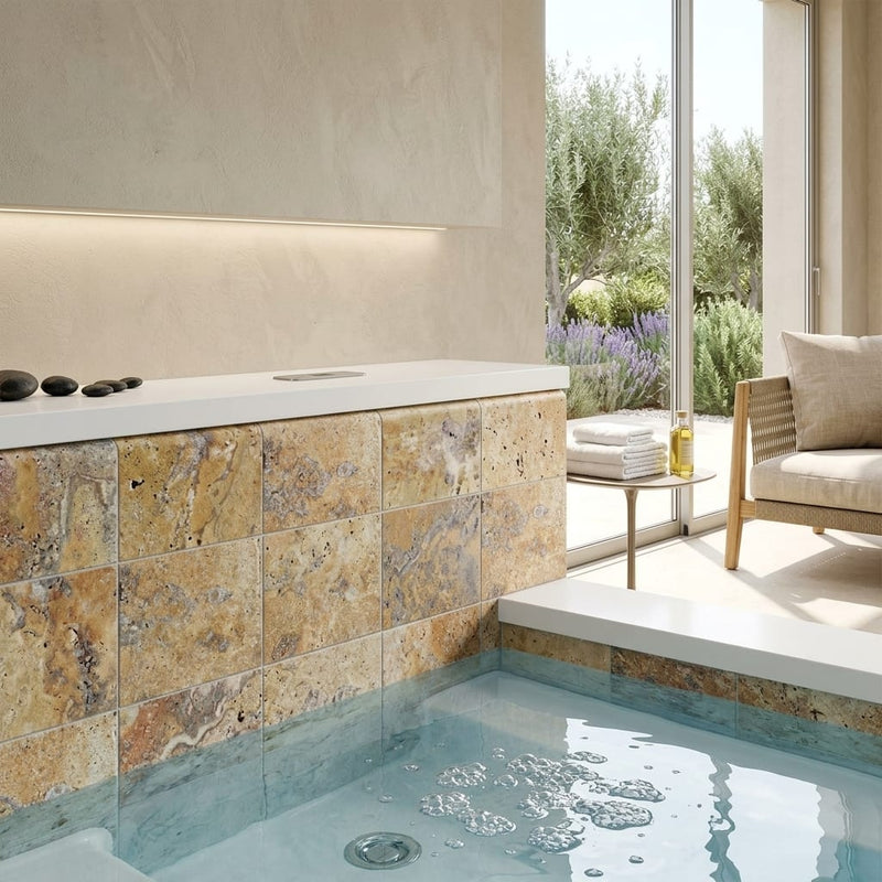 Fantastico 12x12 Unfilled & Honed Travertine Single Bullnose Dark Batch Pool Coping — Spa spa overhang edge