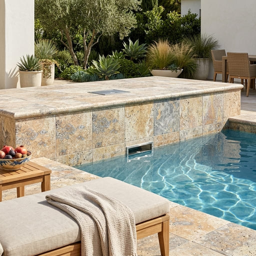 Fantastico 12x12 Unfilled & Honed Travertine Single Bullnose Dark Batch Pool Coping — Swimming Pool remodel pool edge