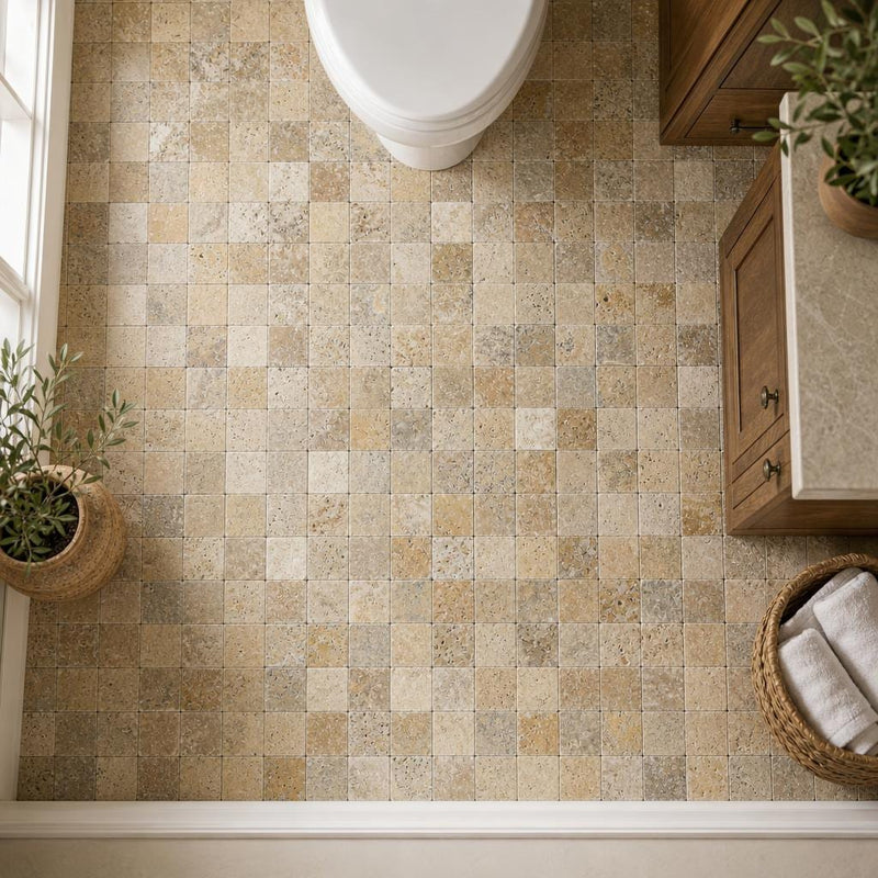 Fantastico 2x2 Tumbled 3D Travertine Mosaic Tile — Bathroom floor