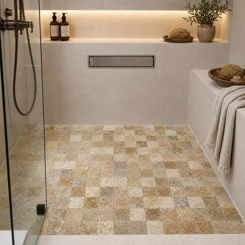 Fantastico 2x2 Tumbled 3D Travertine Mosaic Tile — Bathroom shower floor