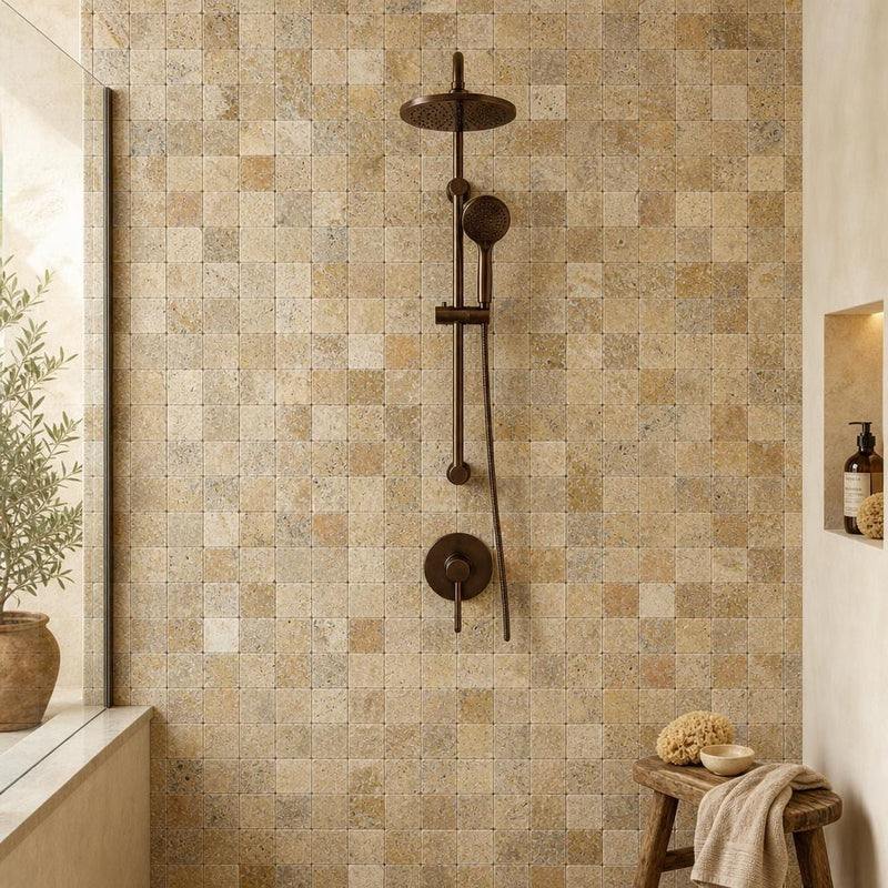 Fantastico 2x2 Tumbled 3D Travertine Mosaic Tile — Bathroom shower wall