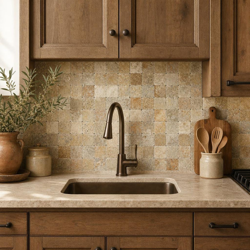 Fantastico 2x2 Tumbled 3D Travertine Mosaic Tile — Kitchen backsplash