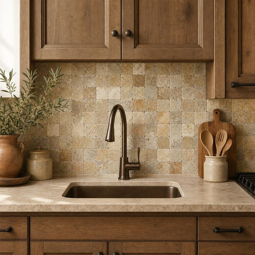 Fantastico 2x2 Tumbled 3D Travertine Mosaic Tile — Kitchen backsplash