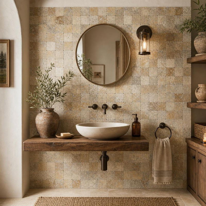 Fantastico 2x2 Tumbled 3D Travertine Mosaic Tile — Powder Room wall