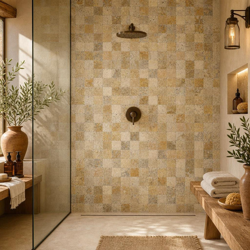 Fantastico 2x2 Tumbled 3D Travertine Mosaic Tile — Spa spa interior