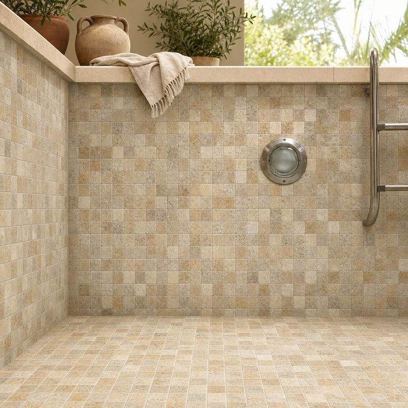 Fantastico 2x2 Tumbled 3D Travertine Mosaic Tile — Swimming Pool pool interior tiling