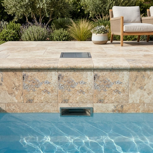 Fantastico Coping Travertine Tile in Tumbled Bullnose, 12x12 pool coping — Swimming Pool remodel pool edge