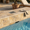 Fantastico Travertine Coping 12x12 Unfilled Honed Bullnose 1.25 inch pool coping — Swimming Pool remodel pool edge