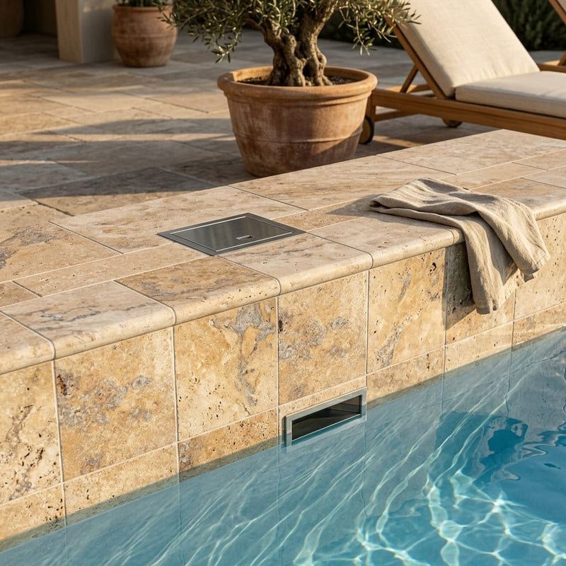 Fantastico Travertine Coping 12x12 Unfilled Honed Bullnose 1.25 inch pool coping — Swimming Pool remodel pool edge