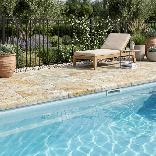 Fantastico Coping Travertine Tile in Unfilled 12x12 Honed Bullnose pool coping — Swimming Pool pool edge drop-face coping
