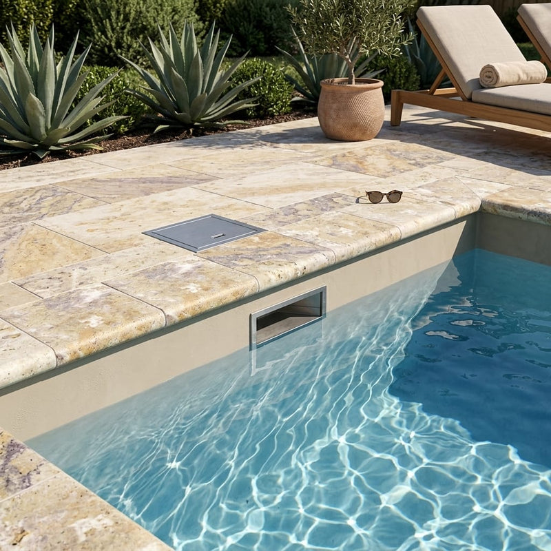 Fantastico Coping Travertine Tile in Unfilled 12x12 Honed Bullnose pool coping — Swimming Pool remodel pool edge