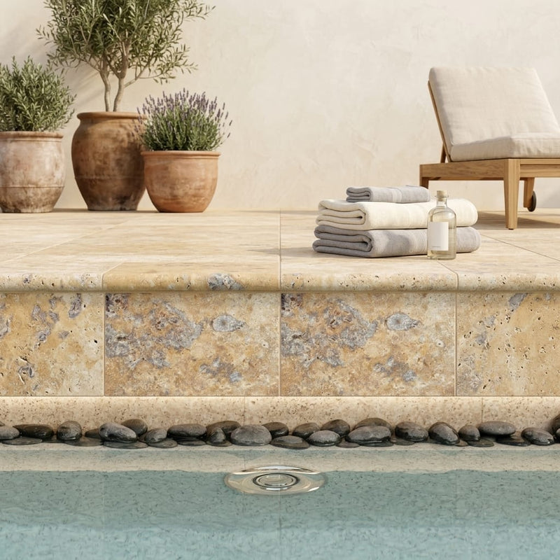 Fantastico® Travertine Coping 12x18 Unfilled Honed, Double Bullnose 1.25 inch 16x24 pool coping — Spa spa overhang edge
