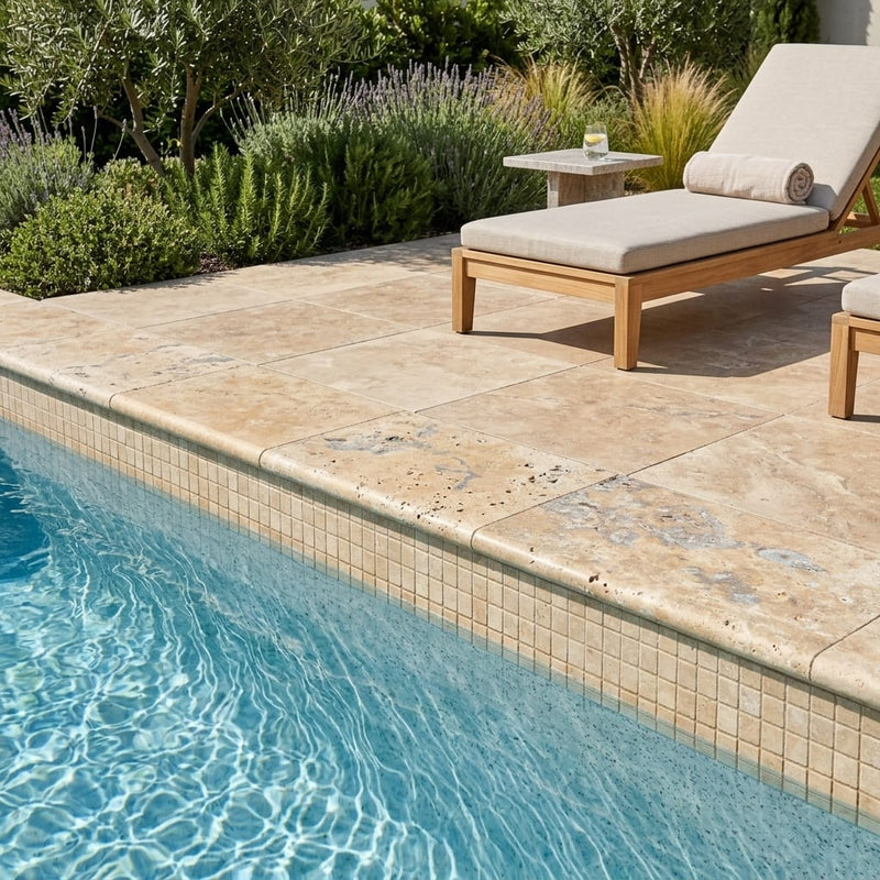 Fantastico® Travertine Coping 12x18 Unfilled Honed, Double Bullnose 1.25 inch 16x24 pool coping — Swimming Pool pool edge drop-face coping