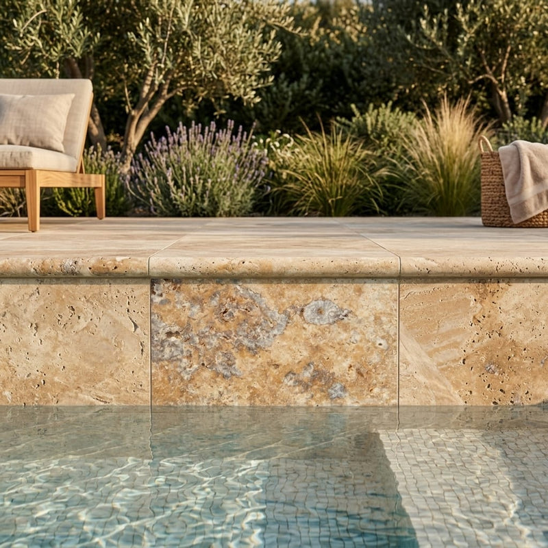 Fantastico® Travertine Coping 12x18 Unfilled Honed, Double Bullnose 1.25 inch 16x24 pool coping — Swimming Pool remodel pool edge