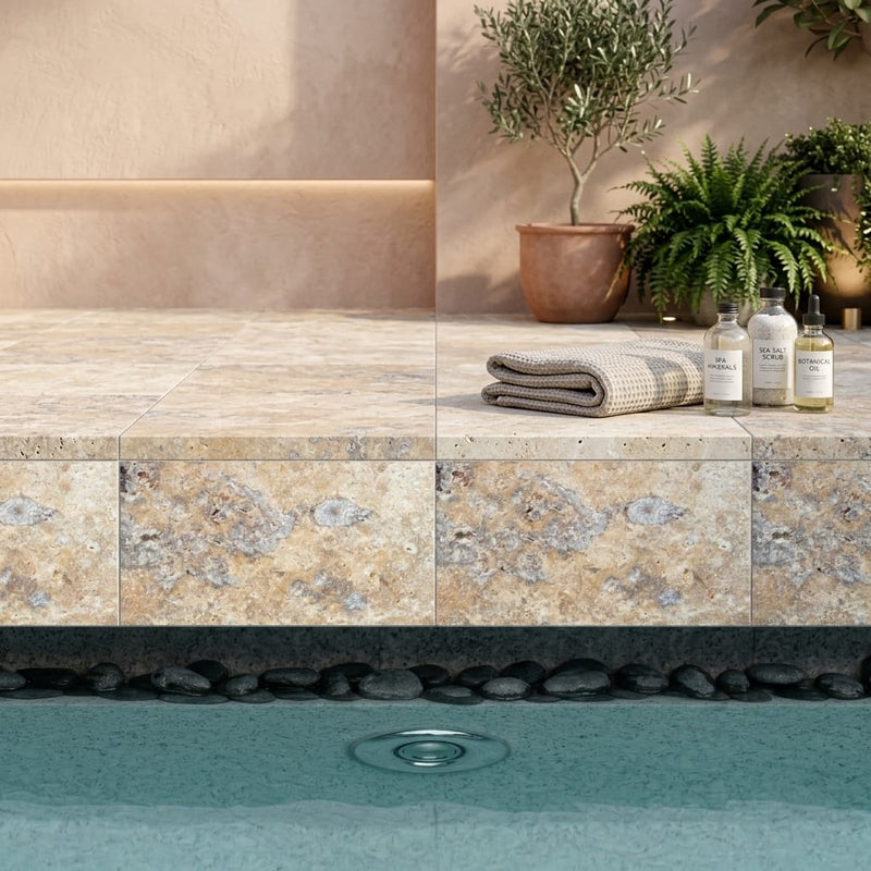 Fantastico Coping Travertine Stone in Unfilled Honed 12x18 16x24 pool coping — Spa spa overhang edge