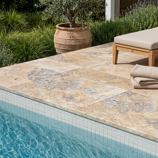 Fantastico Coping Travertine Stone in Unfilled Honed 12x18 16x24 pool coping — Swimming Pool pool edge drop-face coping