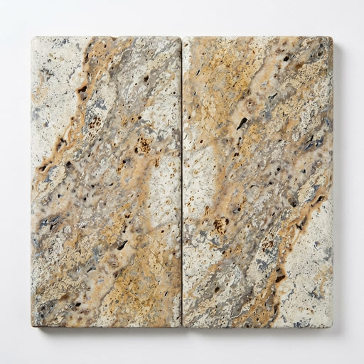 Fantastico Travertine Coping 12x24 Tumbled Bullnose in Grey 1.25 inch close-up