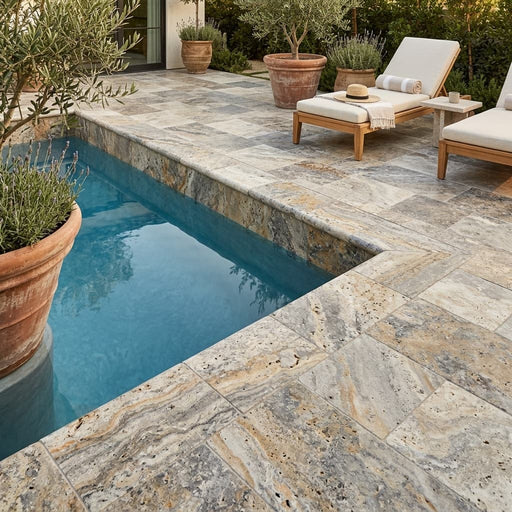 Fantastico Travertine Coping 12x24 Tumbled Bullnose in Grey 1.25 inch pool coping — Swimming Pool pool edge drop-face coping