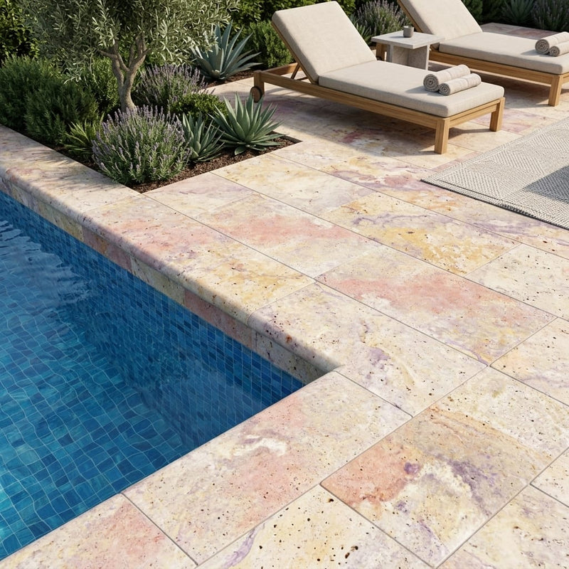 Fantastico Coping Travertine Tumbled 12x24 in Bullnose pool coping — Swimming Pool pool edge drop-face coping