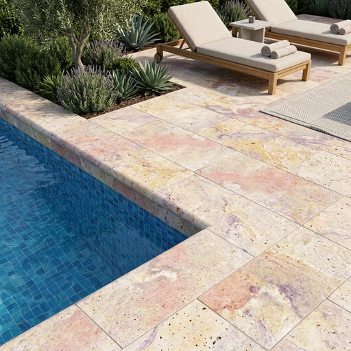 Fantastico Coping Travertine Tumbled 12x24 in Bullnose pool coping — Swimming Pool pool edge drop-face coping
