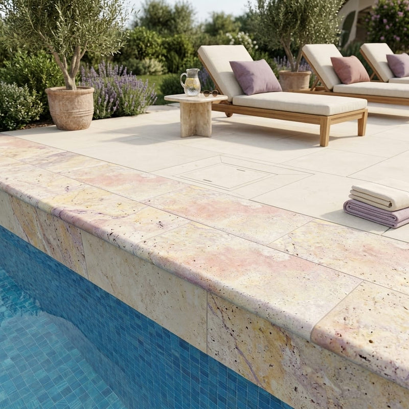 Fantastico Coping Travertine Tumbled 12x24 in Bullnose pool coping — Swimming Pool remodel pool edge