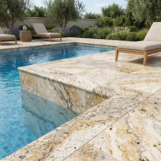 Fantastico Travertine Coping Unfilled Honed Bullnose 12x24 pool coping — Swimming Pool pool edge drop-face coping