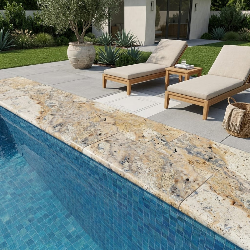 Fantastico Travertine Coping Unfilled Honed Bullnose 12x24 pool coping — Swimming Pool remodel pool edge