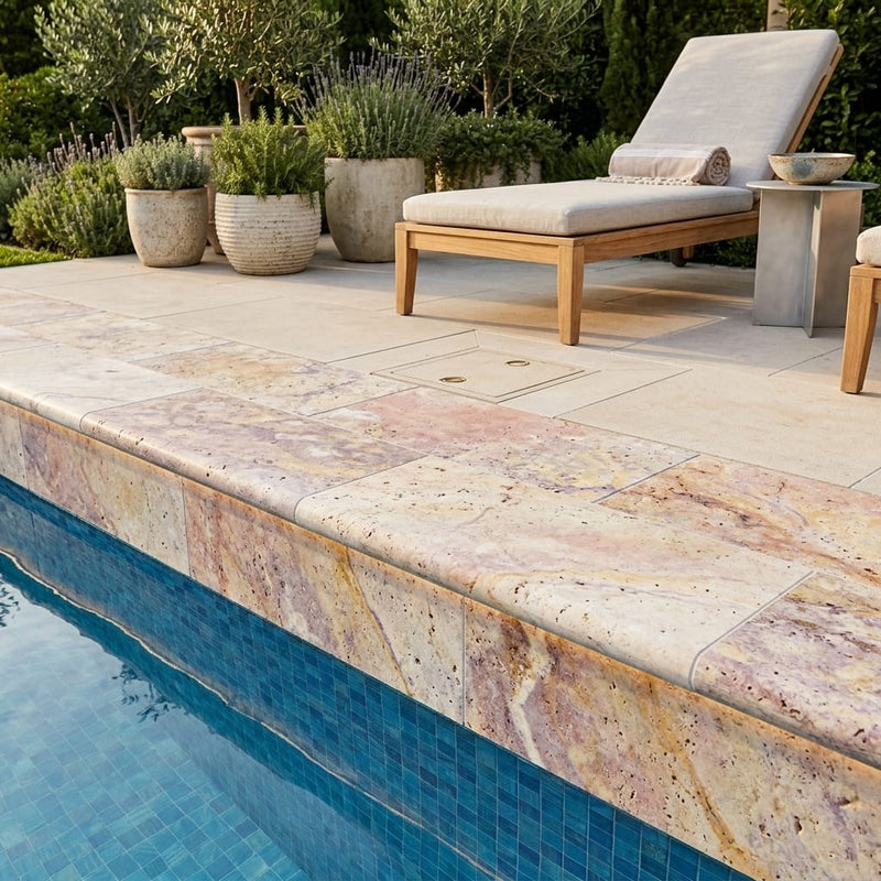 Fantastico Coping Travertine Stone Unfilled Honed 12x24 Bullnose pool coping — Swimming Pool remodel pool edge