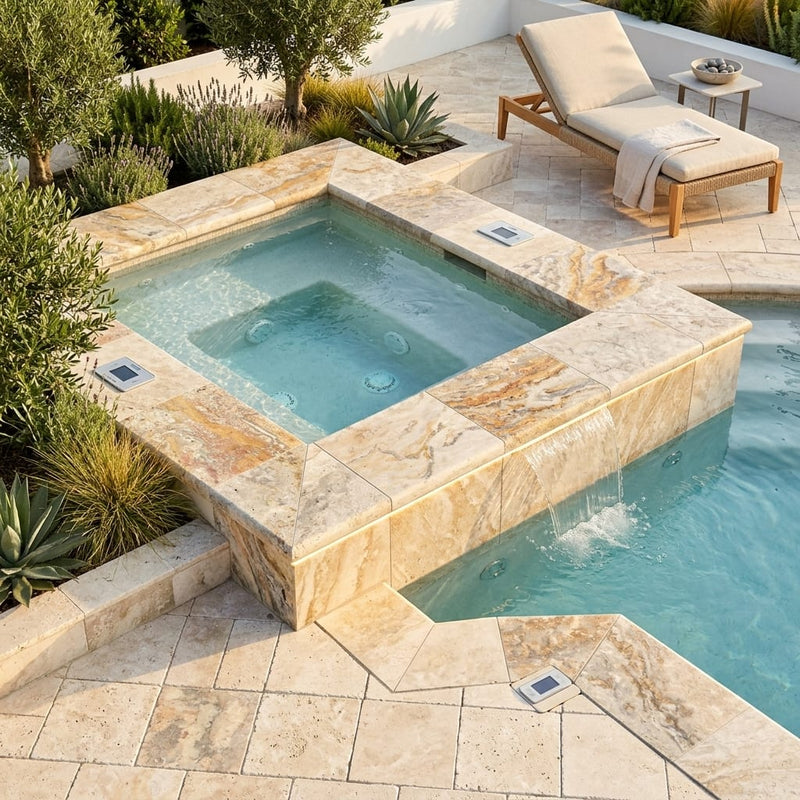 Fantastico Travertine Coping 16x16 Unfilled Bullnose 2 inch pool coping — Spa spa overhang edge