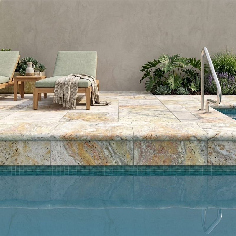 Fantastico Travertine Coping 16x16 Unfilled Bullnose 2 inch pool coping — Swimming Pool pool edge drop-face coping