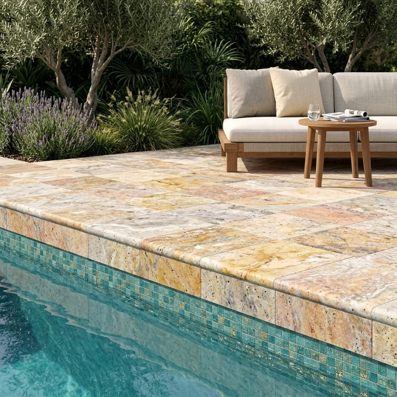 Fantastico Travertine Coping 16x16 Unfilled Bullnose 2 inch pool coping — Swimming Pool remodel pool edge