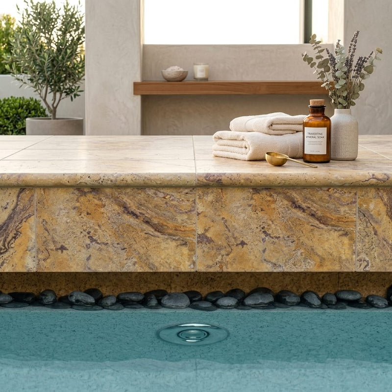 Fantastico Travertine Coping Stone, Unfilled Honed Bullnose, 16x24in pool coping — Spa spa overhang edge