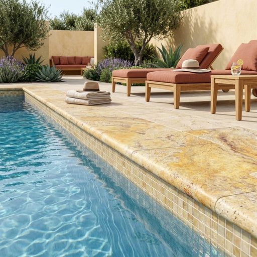 Fantastico Travertine Coping Stone, Unfilled Honed Bullnose, 16x24in pool coping — Swimming Pool pool edge drop-face coping