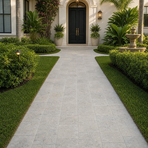 Fantastico Travertine Paver 12x12 Brushed 2 inch — Front Yard walkway