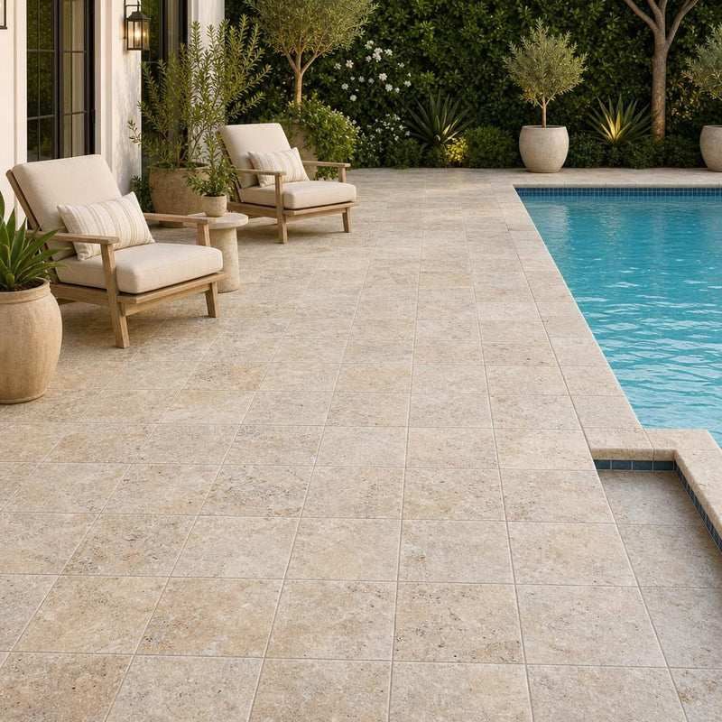 Fantastico Travertine Paver 12x12 Tumbled 1.25 inch — Backyard pool deck