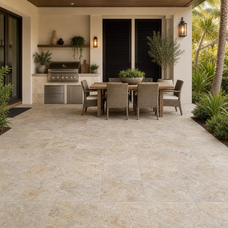 Fantastico Travertine Paver 12x12 Tumbled 2 inch — Backyard patio