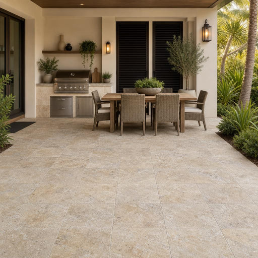 Fantastico Travertine Paver 12x12 Tumbled 2 inch — Backyard patio