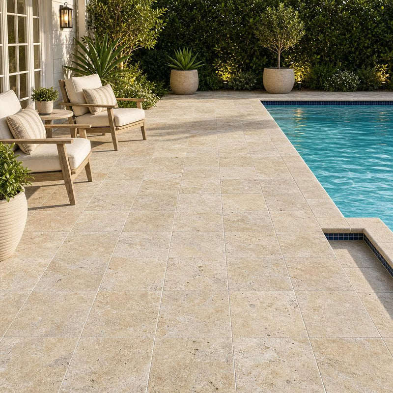 Fantastico Travertine Paver 12x12 Tumbled 2 inch — Backyard pool deck