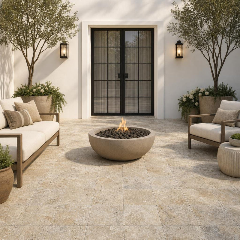 Fantastico Travertine Paver 12x12 Tumbled 2 inch — Courtyard paving