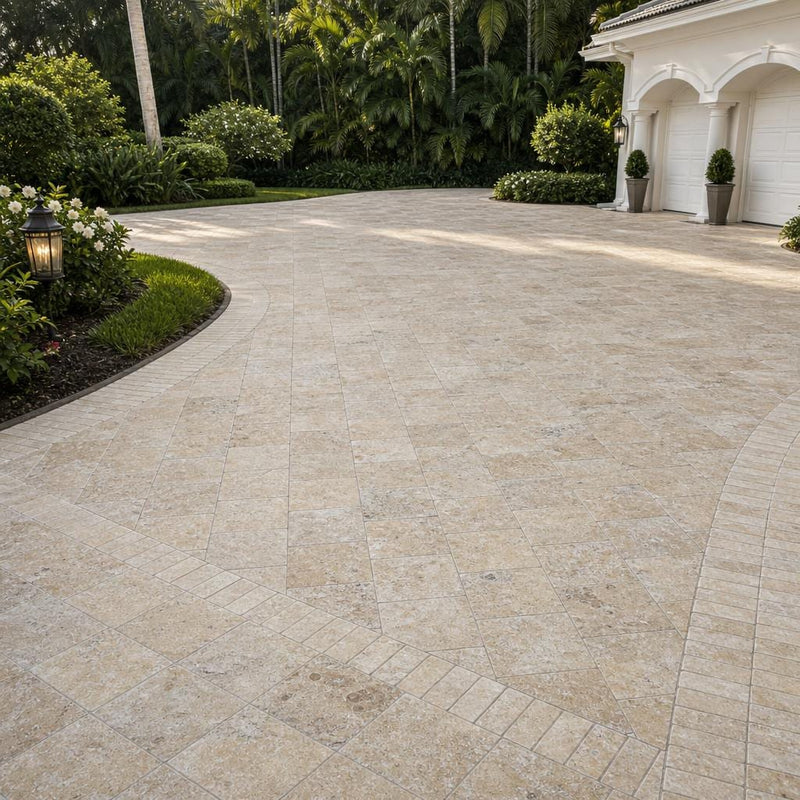 Fantastico Travertine Paver 12x12 Tumbled 2 inch — Front Yard driveway