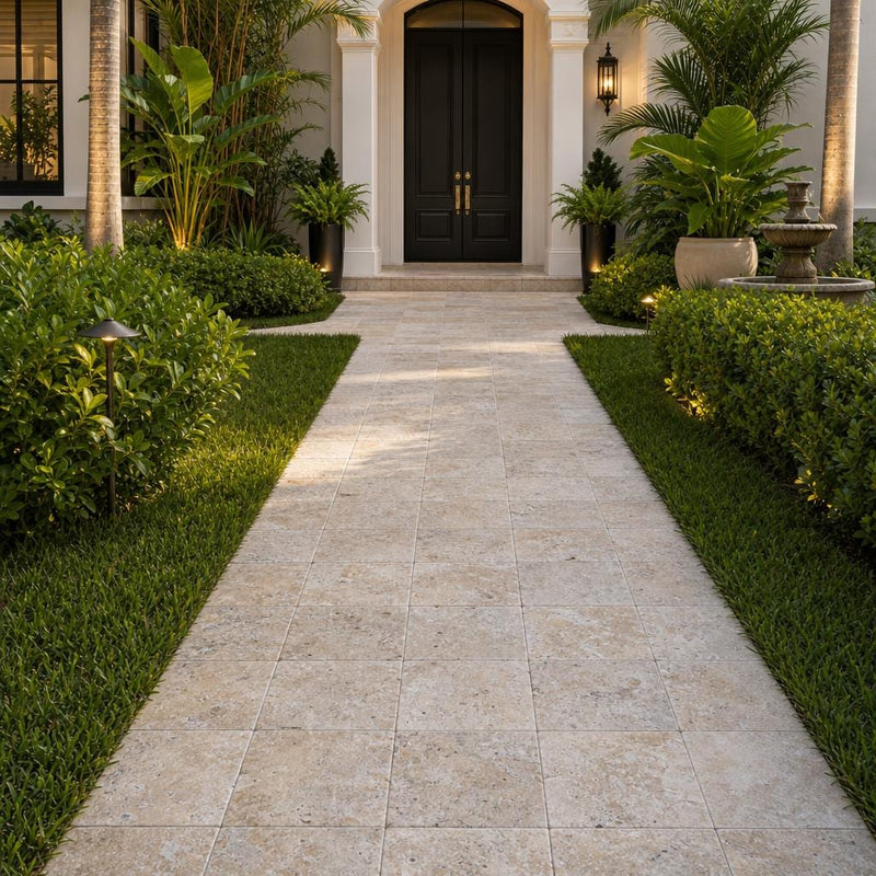 Fantastico Travertine Paver 12x12 Tumbled 2 inch — Front Yard walkway