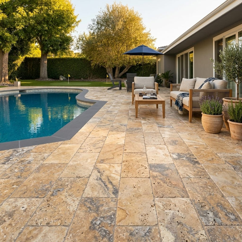 Fantastico Travertine Paver 12x24 Tumbled 2 inch — Backyard pool deck
