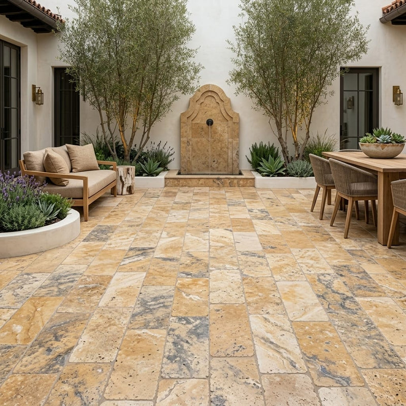 Fantastico Travertine Paver 12x24 Tumbled 2 inch — Courtyard paving
