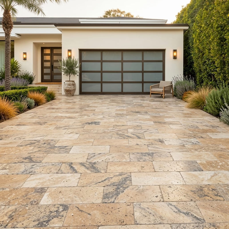 Fantastico Travertine Paver 12x24 Tumbled 2 inch — Front Yard driveway