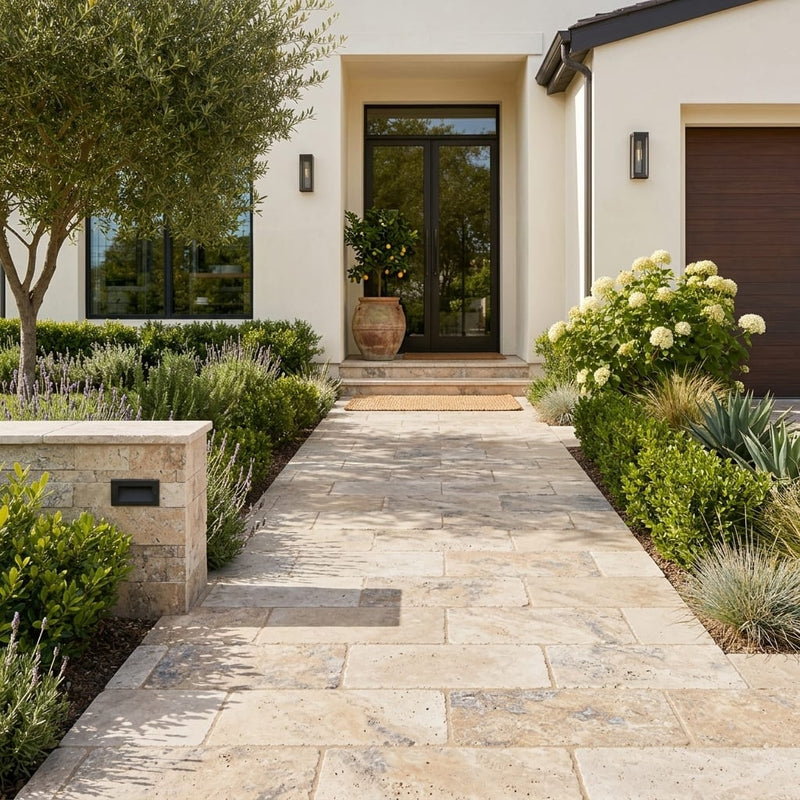 Fantastico Travertine Paver 12x24 Tumbled 2 inch — Front Yard walkway