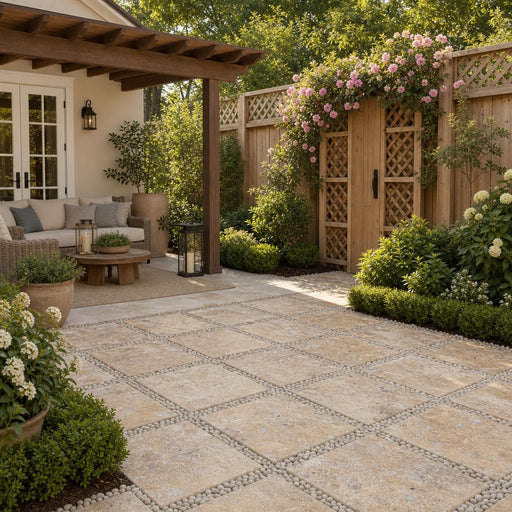 Fantastico Travertine Paver 16x16 Tumbled 1.25 inch — Backyard patio