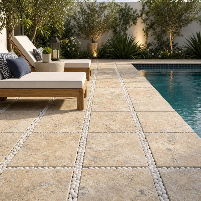 Fantastico Travertine Paver 16x16 Tumbled 1.25 inch — Backyard pool deck