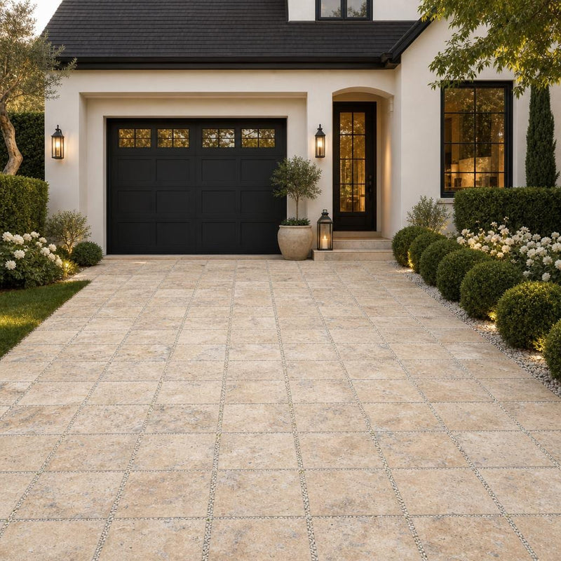 Fantastico Travertine Paver 16x16 Tumbled 1.25 inch — Front Yard driveway