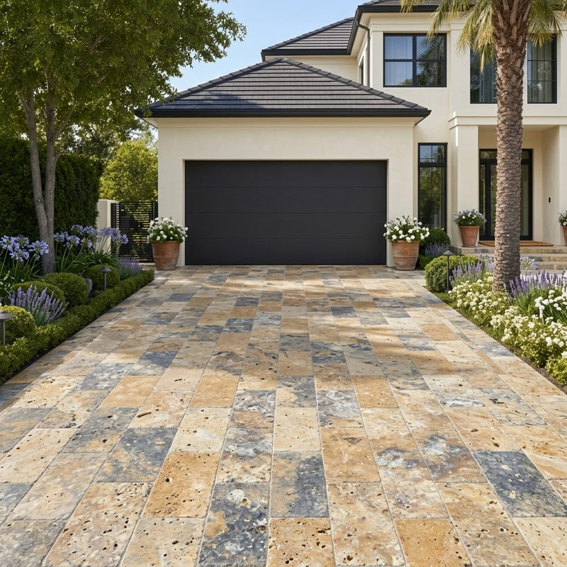 Fantastico Travertine Paver 16x24 Tumbled 1.25 inch — Front Yard driveway